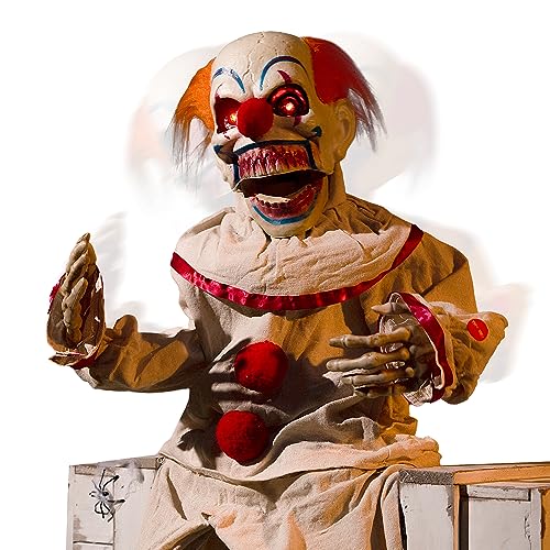 Hipykat Scary Clown Motion Activated Animatronic Light Up Eyes, Moving Arms & Head, Scary Halloween Decor Prop Indoor/Outdoor, Yard