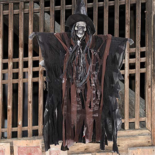 Horrible Voice-Activated Halloween Hanging Ghost with Creepy Sound, Scary Haunted House Grim Reaper Animated Bar Skull Skeleton Props Hanging Decor for Wall Door Ceiling Yard