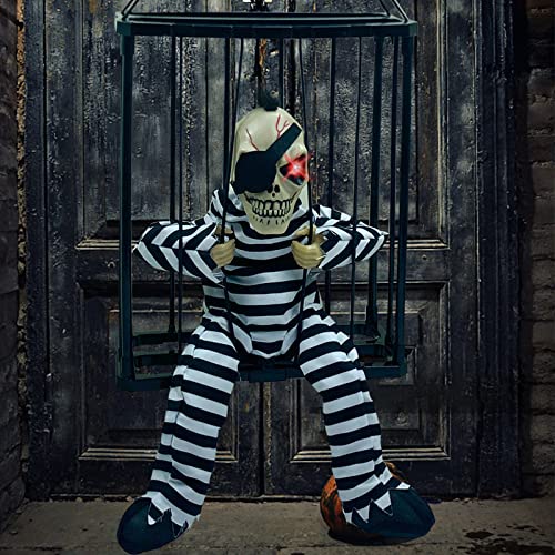 Irieiply Screaming Motion Activated Halloween Horror Decorations Motion Sensor with Sound, Scary Skull Cage Prisoner Caged Jail, Hanging Ghost Light Up Eyes Decorations