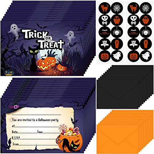 20 Sets Halloween Party Invitations Cards with Orange and Black Envelopes and Round Halloween Stickers for Halloween Party