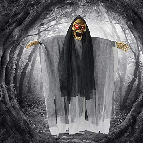 Voice-Activated Halloween Hanging Ghost with LED Glowing Eyes and Creepy Shrilling Sound, Haunted House Hanging Decorations Grim Reaper Animated Halloween Party Skull Skeleton Props