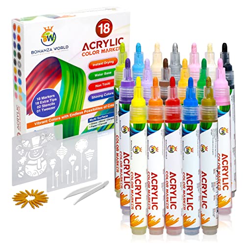 Bonanza World Acrylic Paint Pens for Rock Painting. Water-Based 18 Paint Markers for Glass Paint. Acrylic Pens for Fabric, Canvas, Wood and Ceramic Mugs. 2-5mm Medium Dual-Tip Paint Pens.