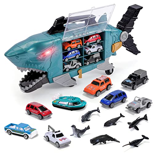 TUKIIE Shark Carrier Truck Transporter Toy Car Set include Sea Creatures & Mini Racing Car, Light & Sound Effect, Transport Vehicle for Kids Birthday Children's Day Halloween