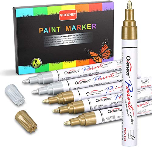 Gold & Sliver Acrylic Metallic Markers Paint Pens, Permanent Paint Markers for Rock, Wood, Metal, Plastic, Glass, Canvas, Ceramic & More! Medium Tip with Quick Dry, Water Resistant Ink(6 Pack)
