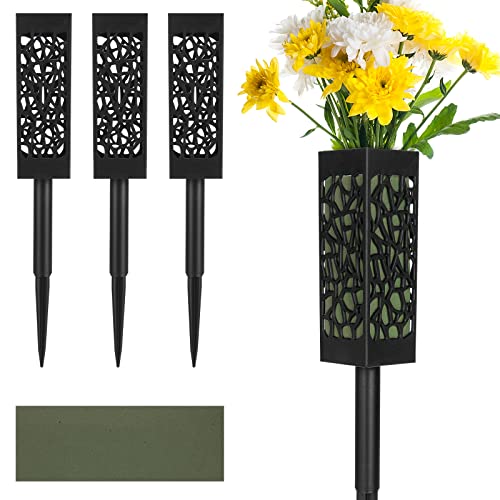 Graves Cemetery Vases with Foam, 4 Piece Graves Decorations Memorial Cemetery Floral Holders Vases with Long Spike Stake Drainage Holes for Gravestone Grave Garden Yard Ground Outdoor Flower Marker
