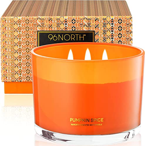 96NORTH Luxury Pumpkin Soy Candle | Large 3 Wick Jar Candle | Up to 50 Hours Burning Time | 100% Natural Soy Wax | Relaxing Aromatherapy Aesthetic Candle | Halloween Fall Candle Gift for Men and Women