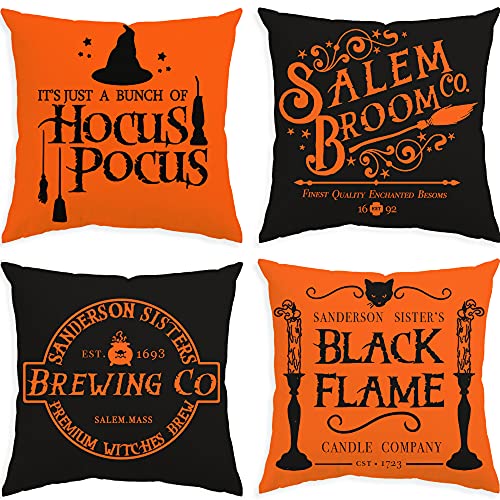 Halloween Decor Pillow Covers 18x18 Set of 4 Halloween Decorations Hocus Pocus Farmhouse Saying Outdoor Fall Pillows Decorative Throw Cushion Case for Home…