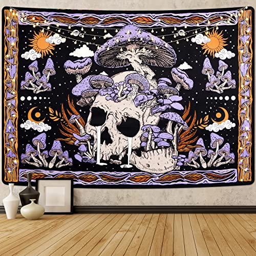 Yugarlibi Skull Tapestry Purple Mushroom Wall Hanging Skeleton Wall Tapestries Moon Sun Wall Towel Wall Art for Bedroom Living Room 59.1x51.2in (150x130cm)
