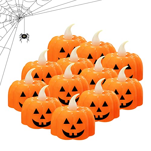 Jsdoin Halloween Pumpkin Tea Lights, 12pcs Halloween Flameless Candles, Orange LED Candel Light for Halloween Party Decorations, Thanksgiving, Battery Operated, Warm White Flickering