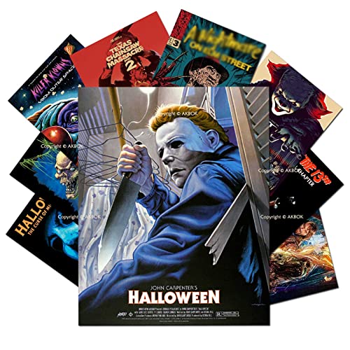 AKBOK Vintage Horror Movie Posters Set - Classic Scary Movie Art Prints Horror Movie Character Wall Art Posters for Home Living Room Bedroom Man Cave Theater Decor - 9Pcs 8”X 10” Unframed
