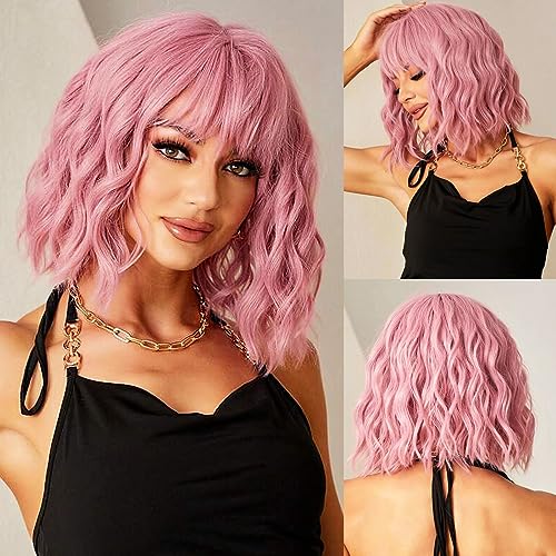 Kellynee Pink Bob Wig with Bangs - Shoulder Length Pink Wigs for Women, Short Curly Synthetic Heat Resistant Hair, Natural Looking, Best Cute Wigs for Daily/Halloween/Party/Cosplay