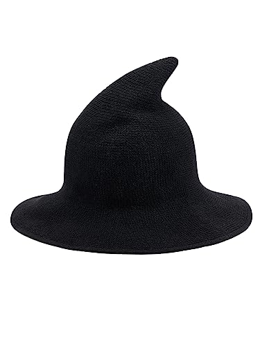 Scriardv Women's Halloween Witch Kinitted Wool Hat Party Costume Accessory Caps (Black, ONE Size)