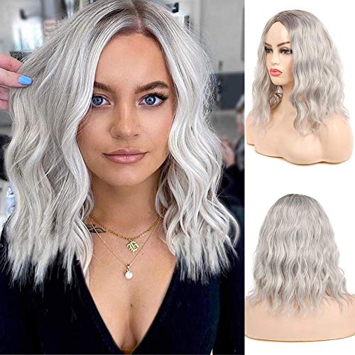 Womens Grey Wig Short Hair Ombre Bob Curly Wavy Wig Synthetic Full Wigs with Dark Root Cosplay Halloween Party (Gray)