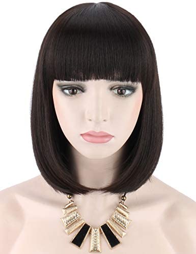 Kalyss Synthetic Bob Wigs for Women Short Dark Brown Bob Wig Natural Looking Straight Ladies Daily Hair Wig with Fringe for Cosplay Halloween Christmas Party