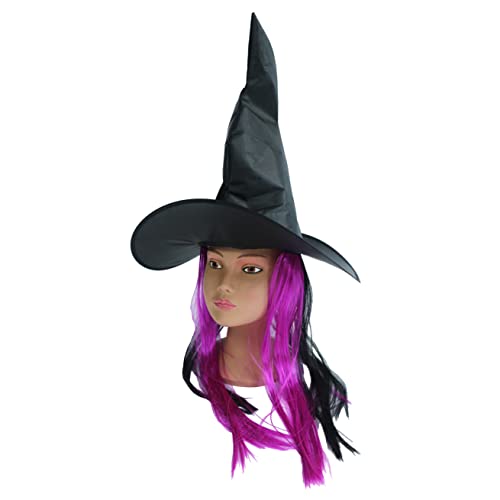 Halloween Witch Hat with Wig Attached. Halloween Costume Hat with Colourful Wig. Black Hat with Wig Attachment.(Purple)