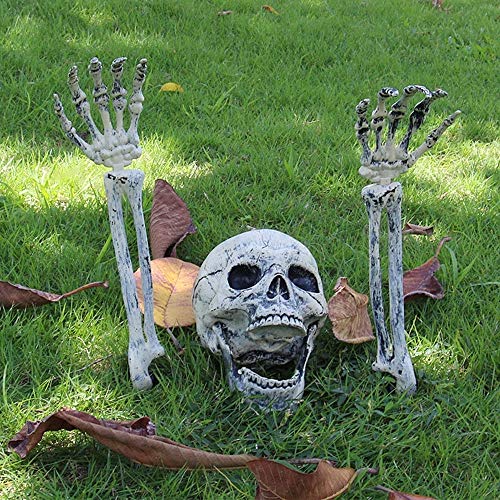 willkey Halloween Decoration 3PCS Fake Skeleton Head and Hands Set Scary Plastic Skull Skeleton Decors for Indoor Outdoor Halloween Party Haunted House