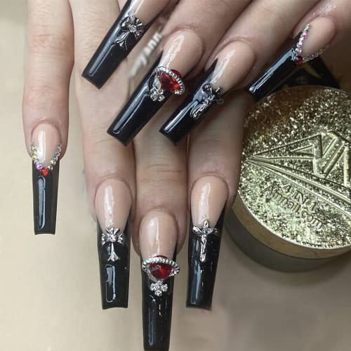 Halloween Press on Nails, Long Black False Nails, Acrylic Stick on Nails, 24pcs Coffin Planet Design Fake Nails with Glue Sticker for Women and Girls Fashion Nail Tips Cool Vampire Nails (Red Saturn)