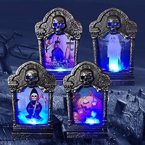 MyBoo 4 PCS Halloween LED Graveyard Tombstones Lights Headstones Lights Creepy Halloween Gravestones Lamp Spooky Haunted House Decorations for Halloween Yard Garden Lawn Decor Party Supplies