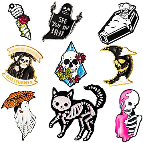 10 Pieces Halloween Enamel Pins Punk Cute Brooches Skull Skeleton Ghost Enamel Pin Christmas Bag Stocking Fillers for Backpacks Clothing Jackets Accessories
