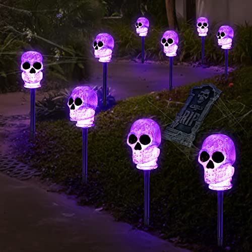 TURNMEON 4 Pack Halloween Skull Pathway Lights, Purple Stake Lights Halloween Outdoor Decorations, Waterproof & Battery Operated 3D LED Skeleton Halloween Decor for Yard Porch Lawn Pathway Garden