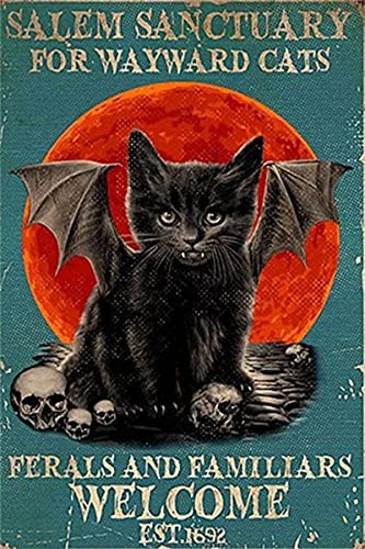 Decorations for Home Salem Sanctuary for Wayward Cats Ferals and Familiars Welcome Black Cat Printable Wall Art Wicked Witch Halloween Art Metal Posters for Walls 12x8inch