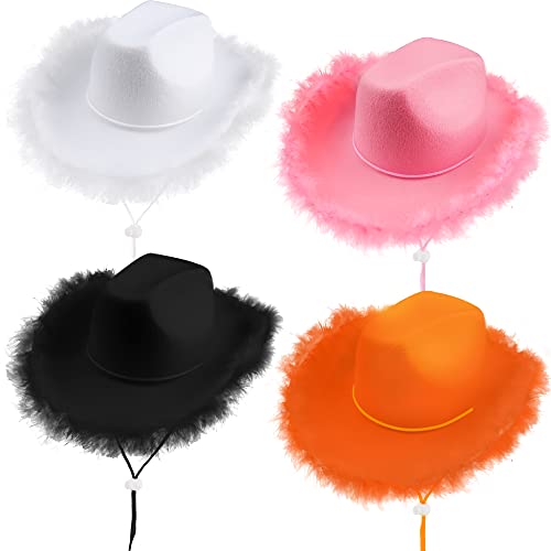 Rcanedny 4 Pack Cowboy Hat Western Women Cowboy Hat with Feathers Pink Feather Cowgirl Hat with Adjustable Neck Draw String for Adult Birthday Gifts Halloween Party Costume (Color set 4)