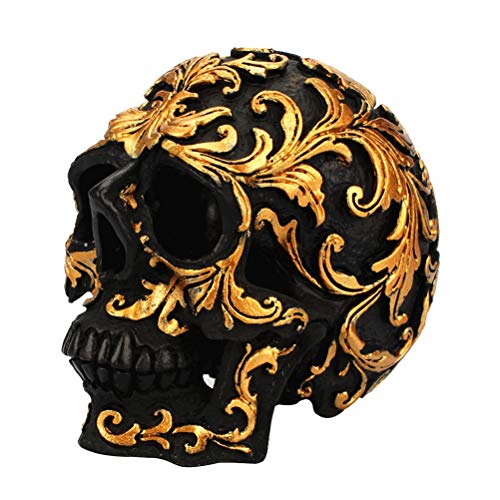 Vosarea Skull Figurine Resin Decorative Halloween Sculpture Statue Home Halloween Ornament (Black and Gold)