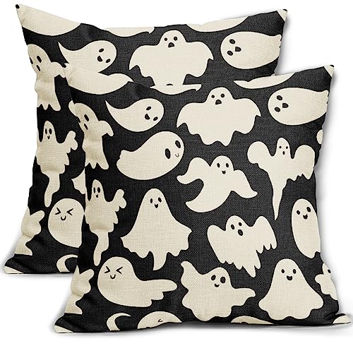 Halloween Ghost Pillow Covers 18x18 Inch Set of 2 Spooky Halloween Decorations Black Decorative Outdoor Throw Pillows Holiday Pillow Case Linen Square Cushion Cover Decor for Home Sofa Couch Bed