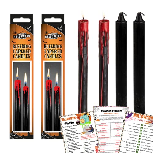 Halloween Candle - Black Bleeding Candles 4X and Game Card - Gothic Home Decor, Tapered Candles, Halloween Party Table Decoration, Vampire Tears Candles