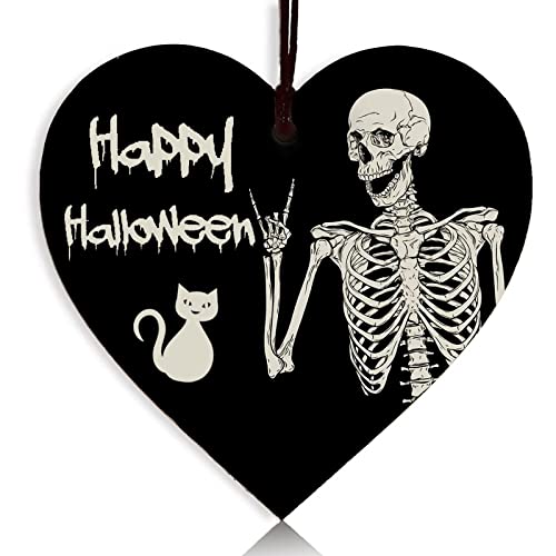 Halloween Decorations Hanging Wooden Heart Sign Gifts Skeleton Cat, Halloween House Decor Halloween Ceiling Decorations Halloween Party Decorations for Gifts Child Friends Kids Adults Halloween