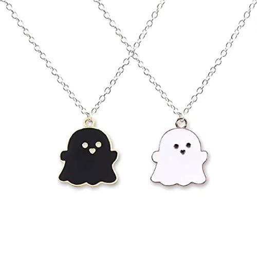 Black White Ghost Pendant Necklace, Lovely Ghost Enamel Charm Necklace for Women Girls Friendship Couple Memorial Jewelry Valentines Day Halloween Costume Deco