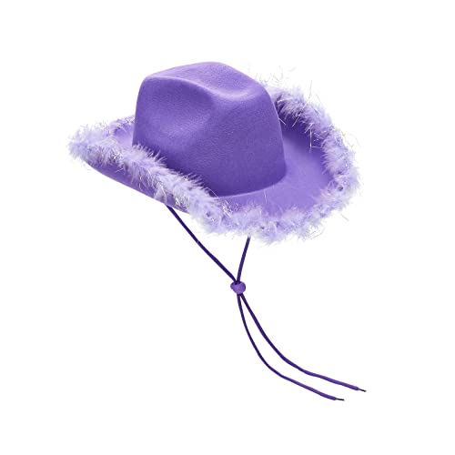 Cowgirl Hat for Women Cowboy Hats Fluffy Feather Brim Cowgirl Accessories for Cosplay Costume Party Halloween Carnival (Purple A, One Size)
