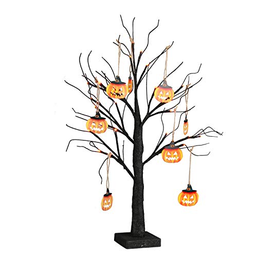 EAMBRITE Small Black Glitter Halloween Tree Light with 24 Orange LEDs Battery Operated Lighted Spooky Pumpkin Display Tree for Party Decoration (60cm/2ft)