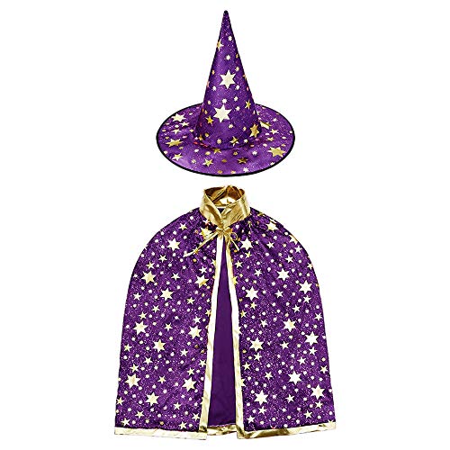 AISHN Halloween Kid Costumes, Wizard Cape with Hat, Halloween Costumes Witch Cape with Golden Stars Pattern for Children, Halloween Props (Purple)