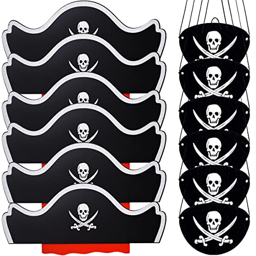 Pirate Accessory Set 12 Pack Pirate Hat and Pirate Eye Patch Felt Skull Print Pirate Captain Costume Cap Eyepatch for Halloween Party Decoration Pirate Theme Party Cosplay Masquerade Costume Props