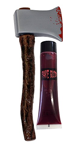 BLOODY AXE WITH BROWN HANDLE & FAKE BLOOD FANCY DRESS ACCESSORY. HALLOWEEN COSTUME SET. 41CM LONG PLASTIC AXE PROP WITH WOODEN HANDLE + FAKE BLOOD. PERFECT FAKE AXE FOR HALLOWEEN & FILM FANCY DRESS