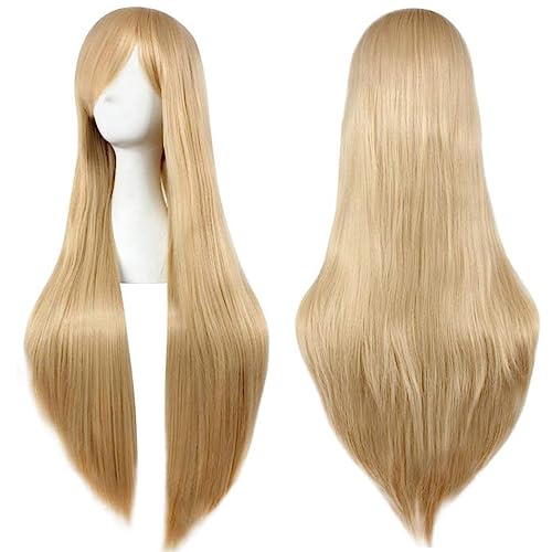 Colorfulpanda 32inch 80cm Long Straight Golden Blonde Hair Anime Costume Cosplay Wig,Halloween Wig with Free Wig Cap,Light Orange Color
