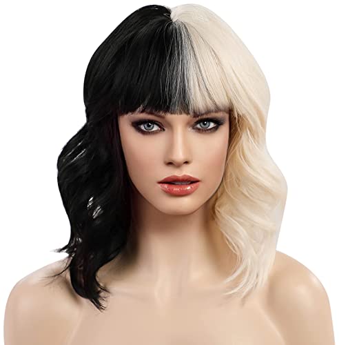 HAIRCUBE Black and White Wigs with Bangs for Women Cruella Deville Costume Short Curly Wavy Bob Hair Wigs Heat Resistant Synthetic Wigs for Party Cosplay Halloween
