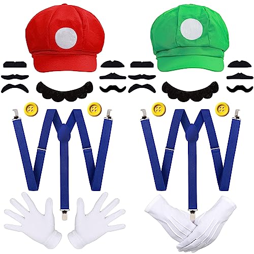 iZoeL Mario Bros Mario and Luigi Hats Caps 2 Suspenders 14 Mustaches 4 Gloves 4 Buttons Cosplay Costume for Halloween Costumes Women Men Kid