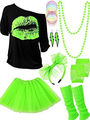 Women's 80s Costume Accessories Set, Lips Print T-Shirt Adult Tutu Skirt Lace Headband Neon Earrings Necklace Leg Warmers Fishnet Gloves Bracelet (Fluorescent Green, XXL)