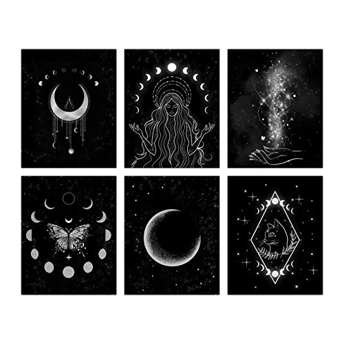 ORIGACH 6 Pcs Moon Phases Wall Art, 20x25 cm Minimalist Boho Wall Decor, Moon Phase Star Witch Wall Prints, Gothic Witchy Room Decor Unframed Canvas Prints Artwork for Bathroom Bedroom Gallery