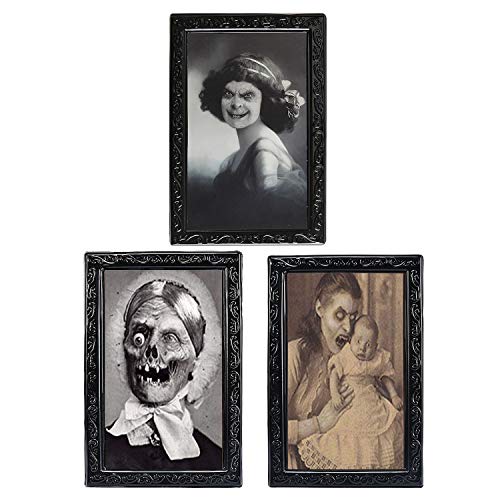 TRIXES Pack of 3 Halloween 3D Lenticular Magic Moving Picture Frames - Changing Face Portrait Horror Decoration for Haunted Spooky Themed Parties - 38 X 25 cm