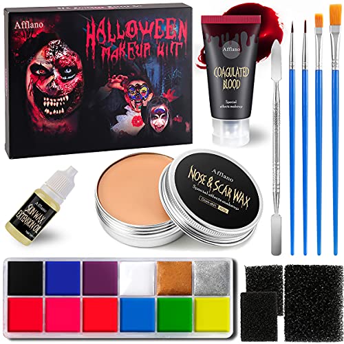 AFFLANO Special Effects Stage Halloween Makeup Set,All-in-1 SFX Makeup Kit-Face Body Painting+Fake Scar Wax+Coagulated Blood+Sponge+Spatula+Extension Oil,Zombie Festival Theatrical Wound Modeling Scar