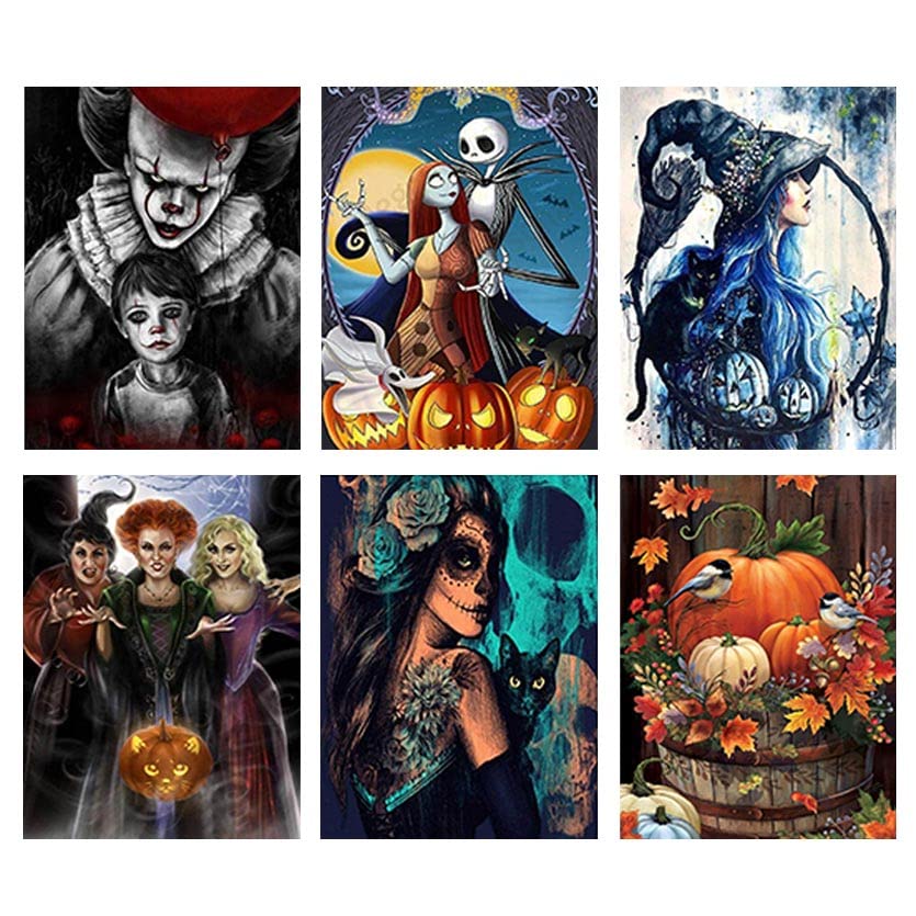 BEAYIOU 6 Pieces DIY 5D Diamond Art Painting，Halloween Diamond Painting Kits for Adults，Beginner for Home Wall Decor Pumpkin Witch 15.8x11.7 inch