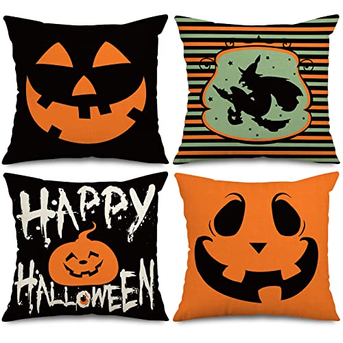 AnyDesign Halloween Throw Pillow Covers Pumpkin Witch Pillow Case Black Orange Pumpkin Face Cushion Cover Spooky Farmhouse Decor for Home Couch Sofa Car, 18 x 18 Inch, Set of 4