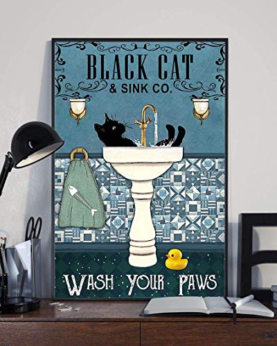 Black Cat Wash Your Paw Funny Cat Lover Gift Retro Vintage Bathroom Decor Poster Wall Art Decor Metal Sign Poster 8x12 inches