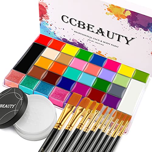 CCbeauty Professional 36 Colours Face Paint Palette,Face Painting Kit,Neon Body Paint,Non-Toxic Oil Based SFX Makeup With Loose Powder,10 Brushes For Halloween Special Effects Costume Cosplay Makeup