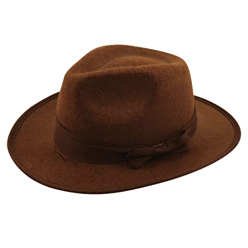 Henbrandt Adult Brown Explorer Hat Felt Fedora Hat Whip Adventurer Trilby Costume Hat Dinosaur Hunter Archeologist One Size Halloween Fancy Dress Accessories for Men and Women