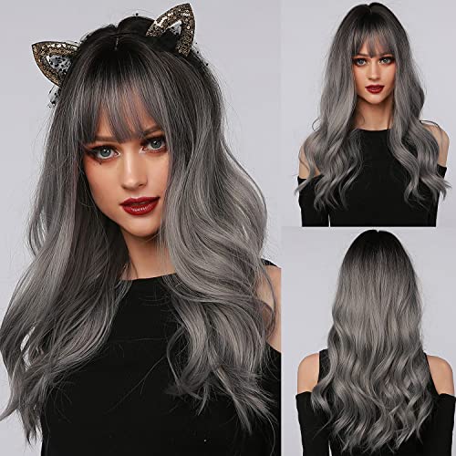 Kellynee Ombre Dark Grey Wig with Bangs - Long Wavy Grey Wigs for Women, Black Roots Realistic Synthetic Heat Resistant Hair, Best Natural Wigs for Daily/Halloween/Party/Cosplay
