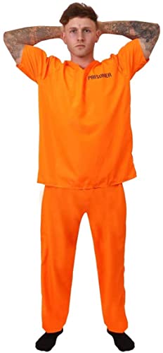 Adults Prisoners Convict Costume - Orange Prisoner Top, Matching Orange Trousers – Cops & Robbers, Halloween Fancy Dress (Medium)